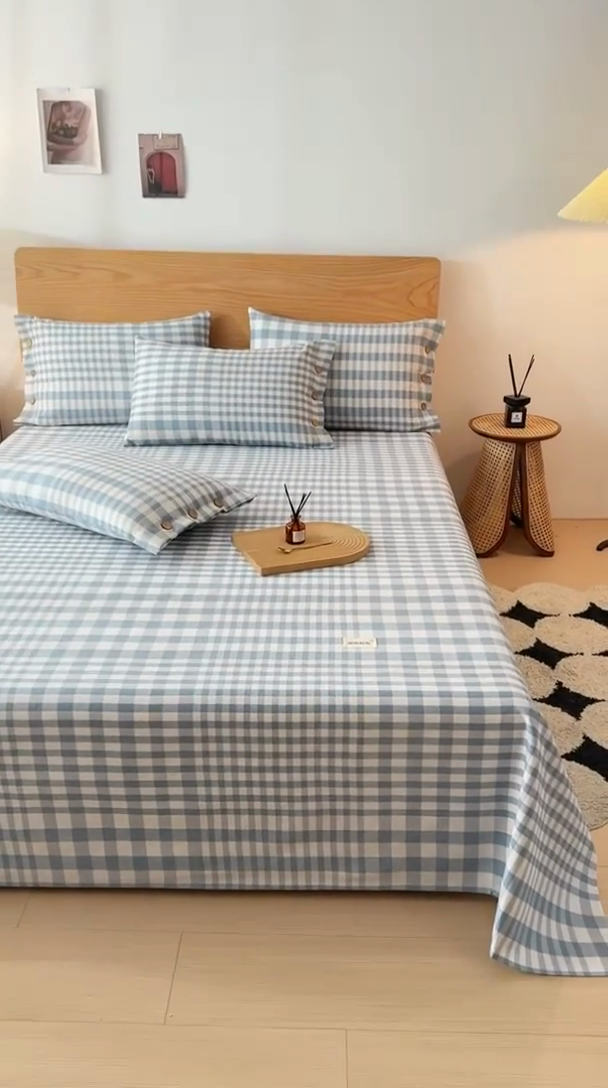 91家纺网 家纺一手货源 找家纺 仟网汇 2025新款活性印染无印纽扣原棉老粗布三件套 蓝白格