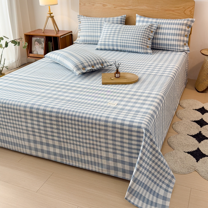 91家纺网 家纺一手货源 找家纺 仟网汇 2025新款活性印染无印纽扣原棉老粗布三件套 蓝白格