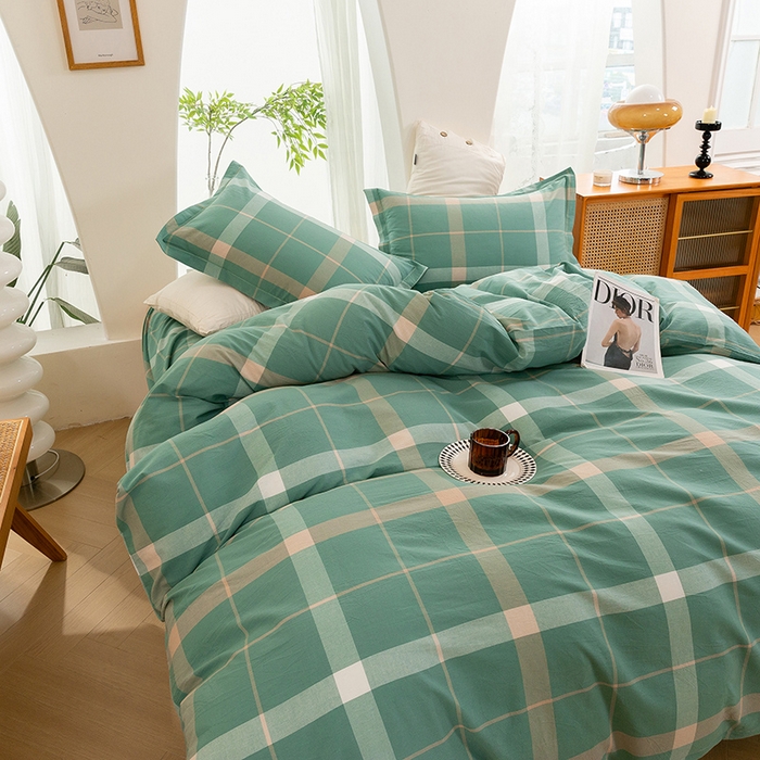 91家纺网 家纺一手货源 找家纺 喜四方 2025新款全棉色织水洗棉四件套 悠然大格（绿）