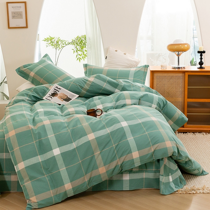 91家纺网 家纺一手货源 找家纺 喜四方 2025新款全棉色织水洗棉四件套 悠然大格（绿）