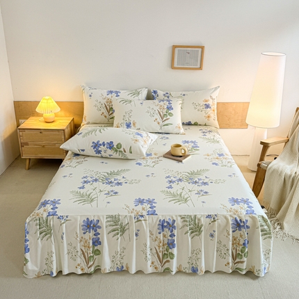 布柔 2025新款100%全棉纯棉老粗布绣花印花凉席单品床裙 兰花