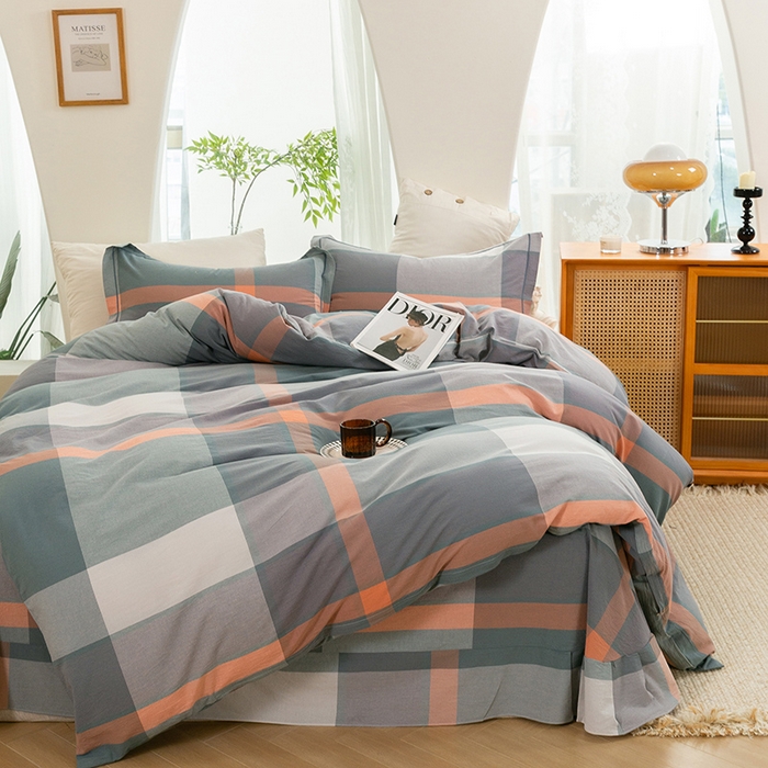 91家纺网 家纺一手货源 找家纺 喜四方 2025新款全棉色织水洗棉四件套 北欧风情（桔灰）