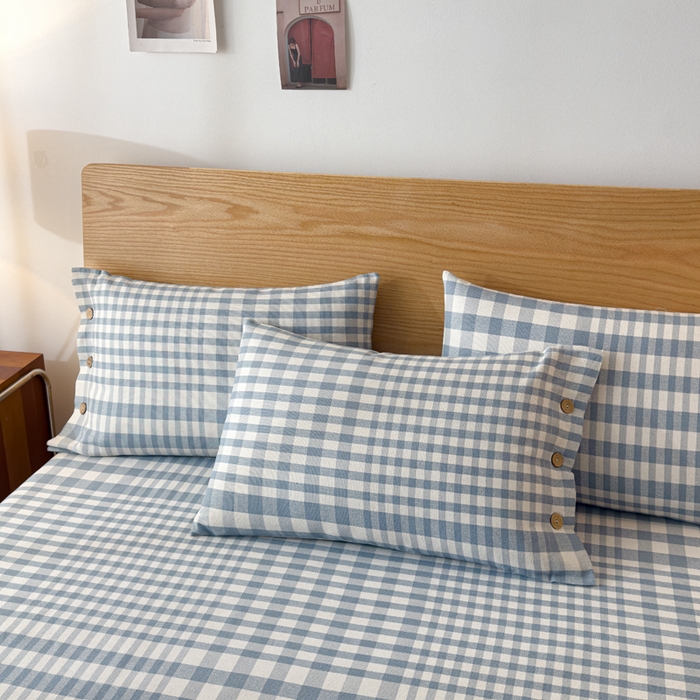 91家纺网 家纺一手货源 找家纺 仟网汇 2025新款活性印染无印纽扣原棉老粗布三件套 蓝白格