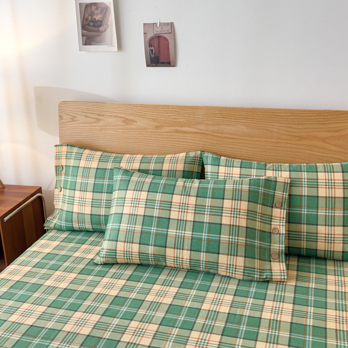 91家纺网 家纺一手货源 找家纺 仟网汇 2025新款活性印染无印纽扣原棉老粗布三件套 绿小格