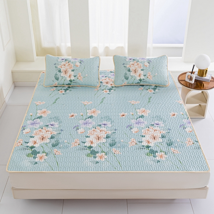 91家纺网 家纺一手货源 找家纺 美丽折2025新品6mm厚天然乳胶凉席三件套 大版印花卡通乳胶凉席平铺款 曼谷花海