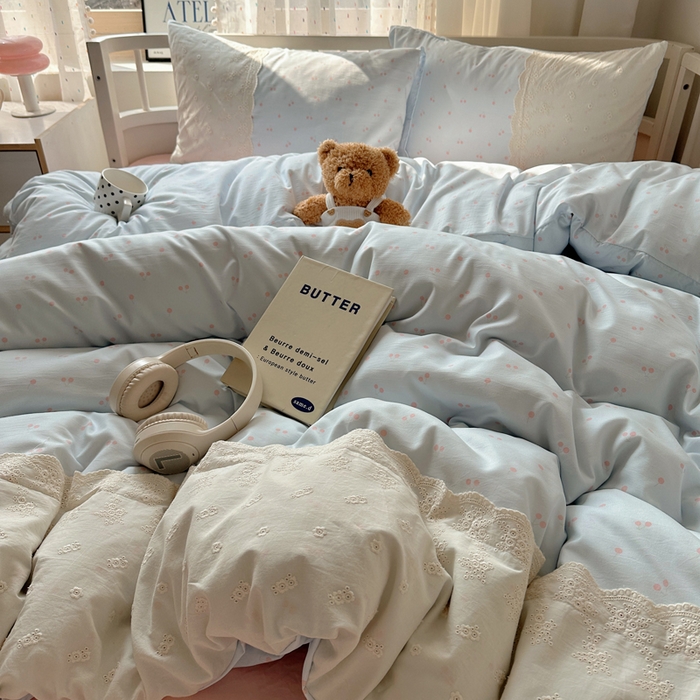 91家纺网 家纺一手货源 找家纺 顾里家纺 2025新款简约小资系列云感双层纱四件套 蓝粉樱桃