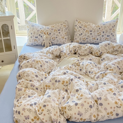 91家纺网 家纺一手货源 找家纺 （总）【提供买家秀】2025直播云感皱皱棉四件套水洗棉简约风小碎花被套床笠三件套-平铺图