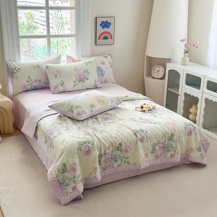 91家纺网 家纺一手货源 找家纺 瑜珠家纺 2025新款里外全棉棉花夏被 假日玫瑰