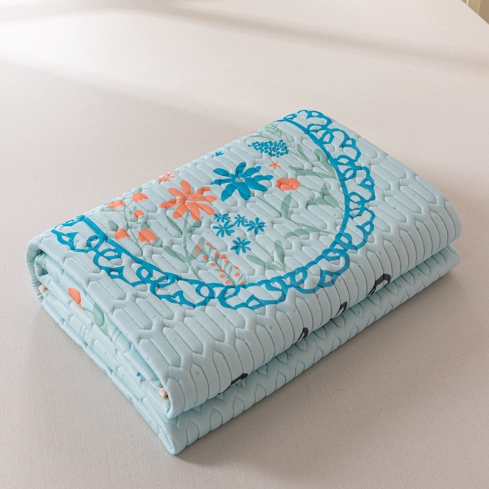 91家纺网 家纺一手货源 找家纺 美丽折2025新品6mm厚天然乳胶凉席三件套 大版印花卡通乳胶凉席平铺款 温婉花镜-蓝