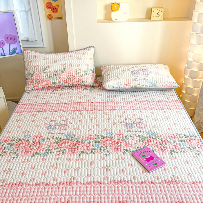 91家纺网 家纺一手货源 找家纺 柒月家居 2025新款小清新乳胶凉席 粉系花园