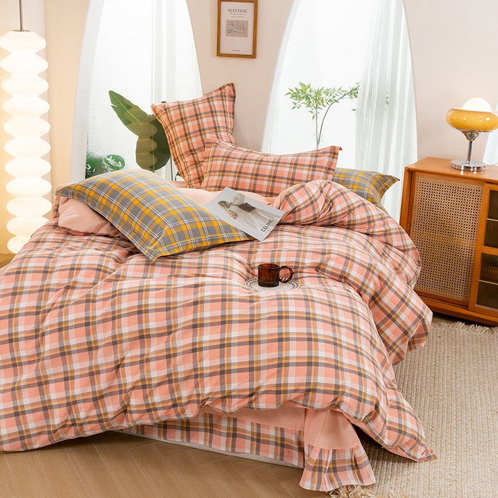 91家纺网 家纺一手货源 找家纺 喜四方 2025新款全棉色织水洗棉四件套 格丽（桔）