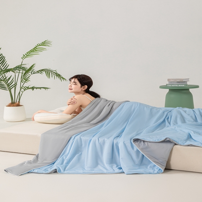 91家纺网 家纺一手货源 找家纺 潮邦家居 2025新款凉感丝夏被夏凉被空调被 天空蓝拼灰