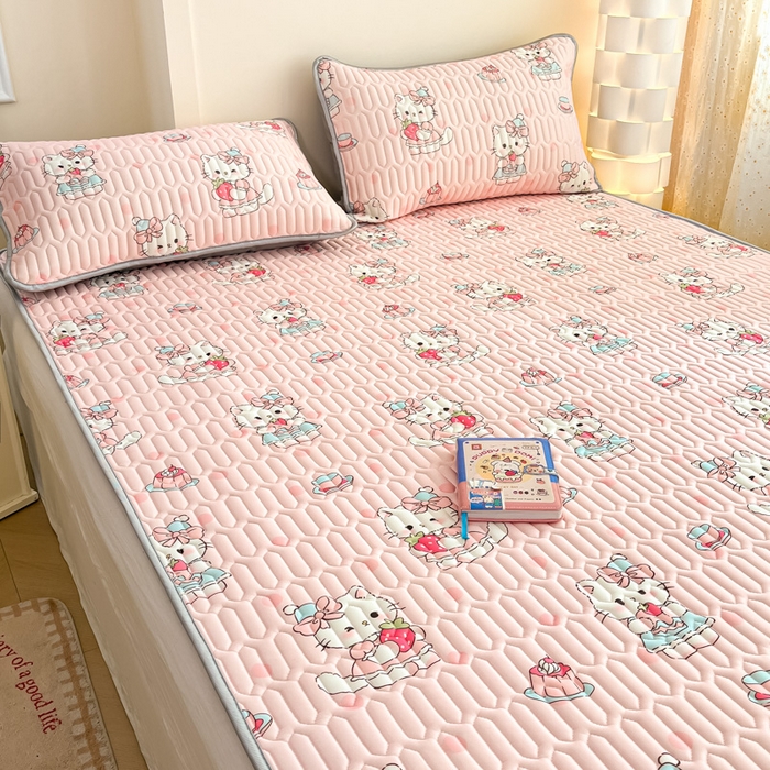 91家纺网 家纺一手货源 找家纺 柒月家居 2025新款小清新乳胶凉席 粉色猫咪