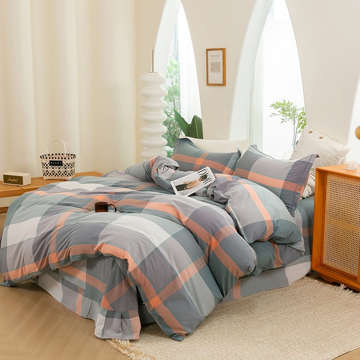 91家纺网 家纺一手货源 找家纺 喜四方 2025新款全棉色织水洗棉四件套 北欧风情（桔灰）