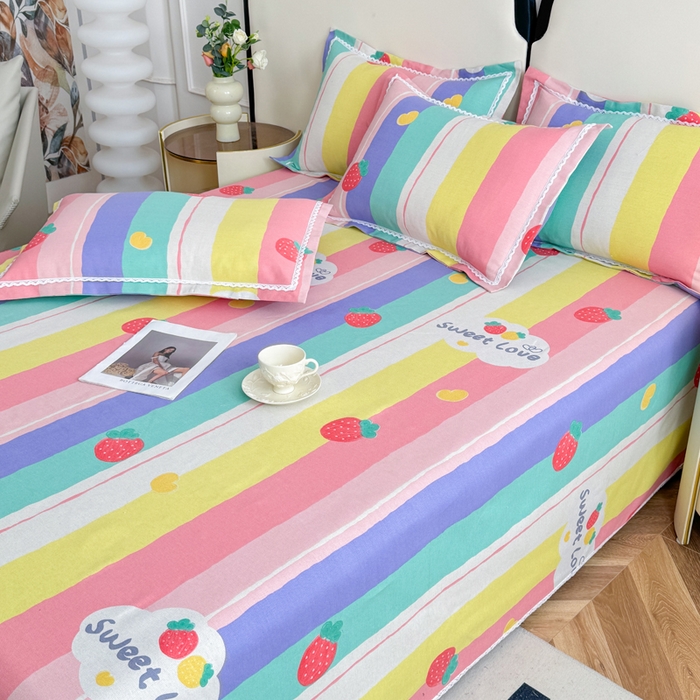 91家纺网 家纺一手货源 找家纺 仟网汇 2025全棉老粗布蕾丝花边三件套（无纺布手提包装） 彩虹