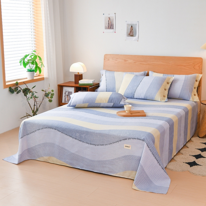 91家纺网 家纺一手货源 找家纺 仟网汇 2025新款活性印染无印纽扣原棉老粗布三件套 蓝波纹