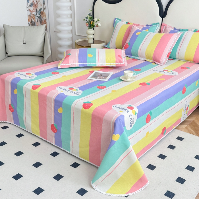 91家纺网 家纺一手货源 找家纺 仟网汇 2025全棉老粗布蕾丝花边三件套（无纺布手提包装） 彩虹