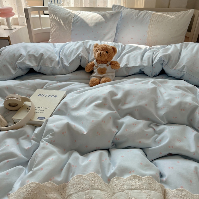 91家纺网 家纺一手货源 找家纺 顾里家纺 2025新款简约小资系列云感双层纱四件套 蓝粉樱桃