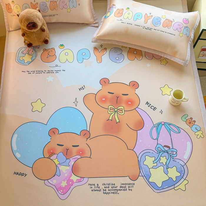 91家纺网 家纺一手货源 找家纺 博雅 2025新款独家版权A类大版数码印花1200D冰丝凉席 许愿瓶卡皮巴拉