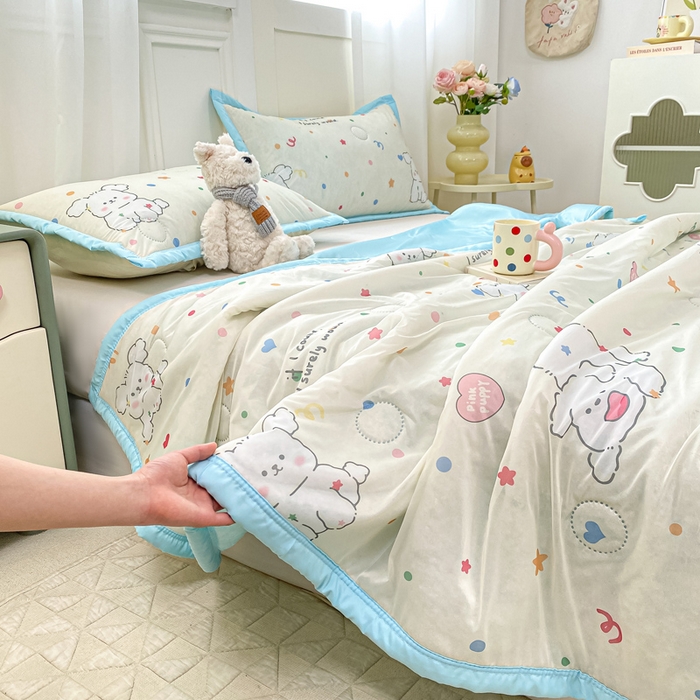 91家纺网 家纺一手货源 找家纺 顺顺家纺 2025新款凉感丝印花夏被空调被 快乐小狗