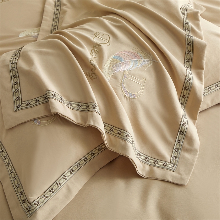 91家纺网 家纺一手货源 找家纺 佳宇轩 2025爆款水洗棉五彩刺绣四件套简约轻奢织带绣花床单床笠被罩4件套-蜜羽 蜜羽-浅咖