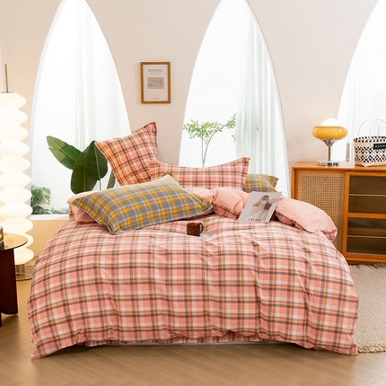 91家纺网 家纺一手货源 找家纺 喜四方 2025新款全棉色织水洗棉四件套 格丽（桔）