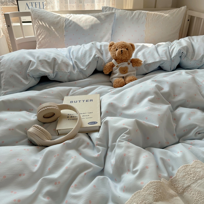 91家纺网 家纺一手货源 找家纺 顾里家纺 2025新款简约小资系列云感双层纱四件套 蓝粉樱桃