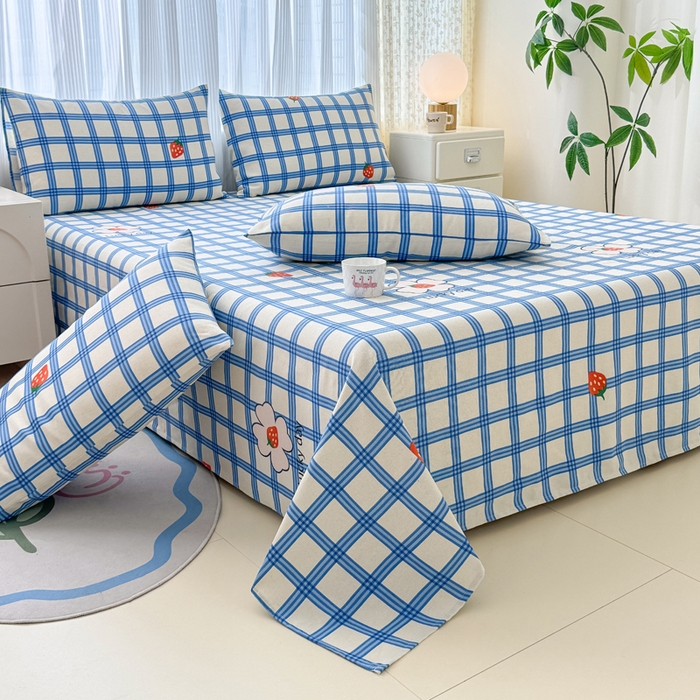 91家纺网 家纺一手货源 找家纺 仟网汇 2025新款老粗布床单粗布凉席老粗布单床单枕套单品 蓝格草莓