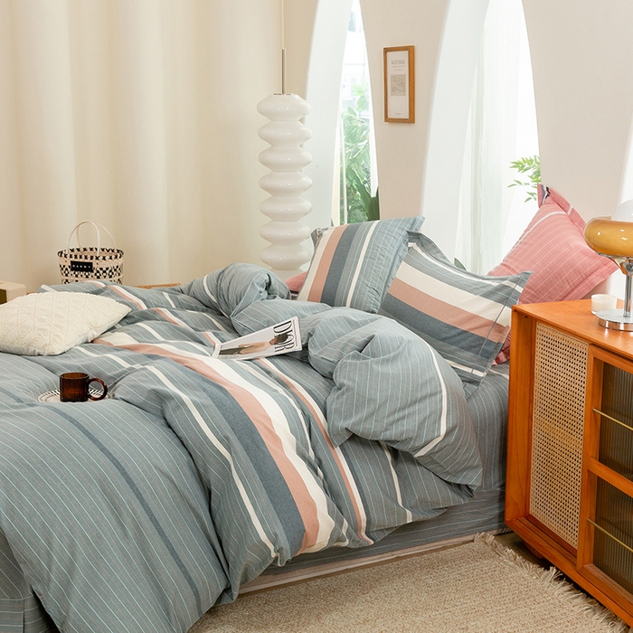 91家纺网 家纺一手货源 找家纺 喜四方 2025新款全棉色织水洗棉四件套 格林（灰）