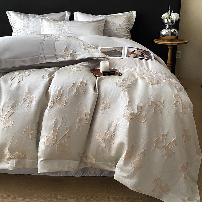 91家纺网 家纺一手货源 找家纺 优悦生活馆 2025新款冰丝浮雕绣花四件套 暮光之城-灰绿