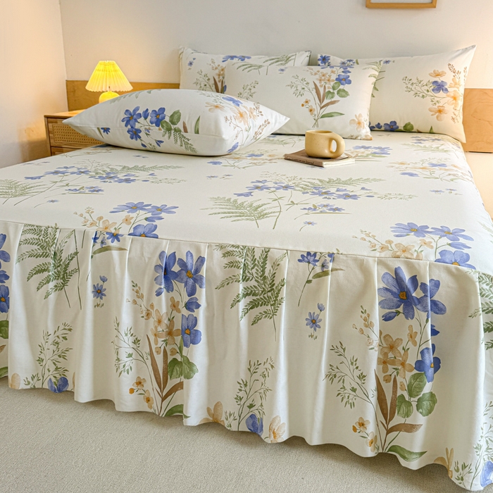 91家纺网 家纺一手货源 找家纺 布柔 2025新款100%全棉纯棉老粗布绣花印花凉席单品床裙 兰花