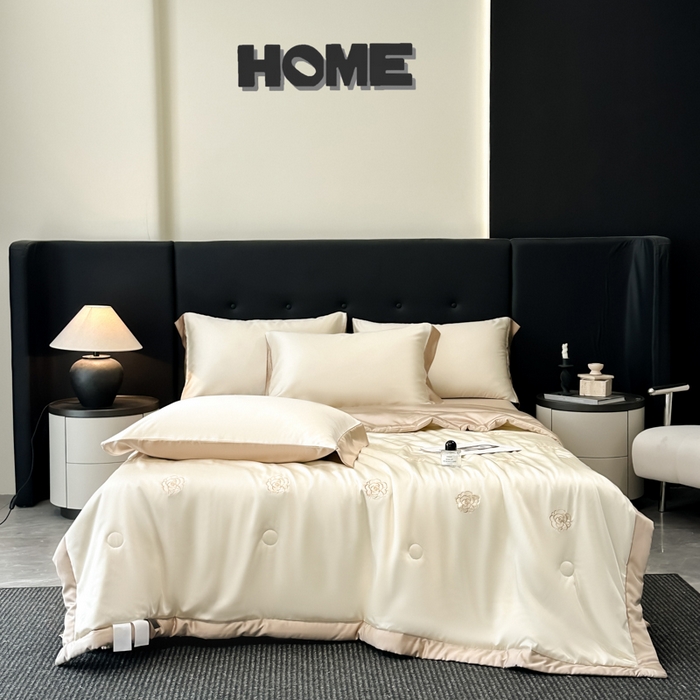 91家纺网 家纺一手货源 找家纺 满羽家纺 2025新款冰丝夏被四件套-满绣系列 山茶花-奶白咖