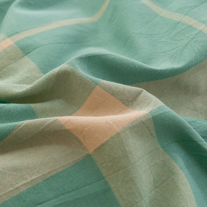 91家纺网 家纺一手货源 找家纺 喜四方 2025新款全棉色织水洗棉四件套 悠然大格（绿）