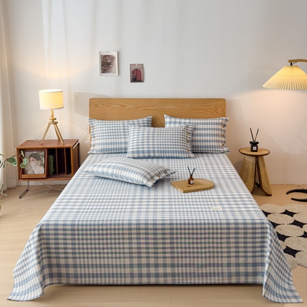 91家纺网 家纺一手货源 找家纺 仟网汇 2025新款活性印染无印纽扣原棉老粗布三件套 蓝白格