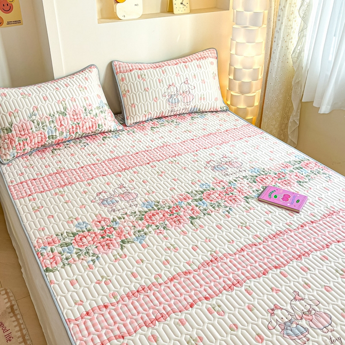 91家纺网 家纺一手货源 找家纺 柒月家居 2025新款小清新乳胶凉席 粉系花园