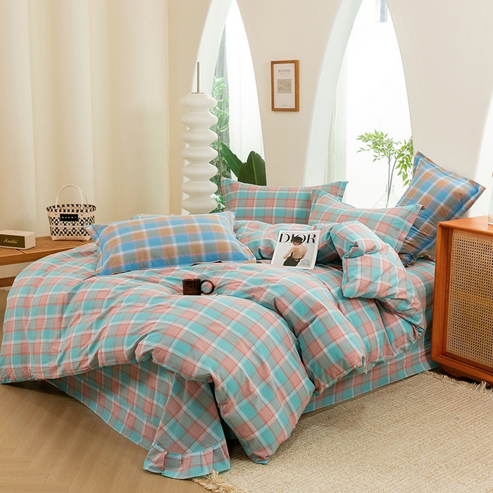 91家纺网 家纺一手货源 找家纺 喜四方 2025新款全棉色织水洗棉四件套 思域（绿）