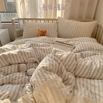 顾里家纺 2025新款简约小资系列云感双层纱四件套 条纹星星灰