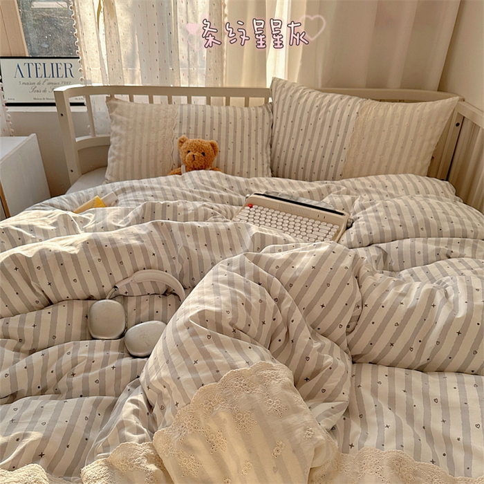91家纺网 家纺一手货源 找家纺 顾里家纺 2025新款简约小资系列云感双层纱四件套 条纹星星灰