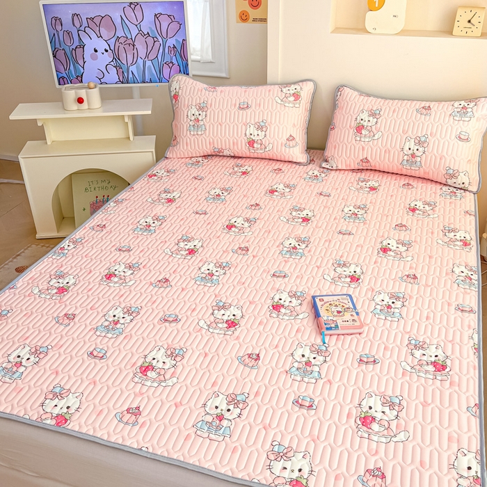 91家纺网 家纺一手货源 找家纺 柒月家居 2025新款小清新乳胶凉席 粉色猫咪