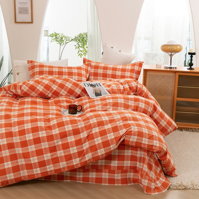 91家纺网 家纺一手货源 找家纺 喜四方 2025新款全棉色织水洗棉四件套 罗兰（桔）