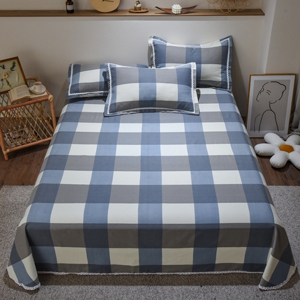 仟网汇 2025全棉老粗布蕾丝花边三件套（无纺布手提包装） 蓝大格