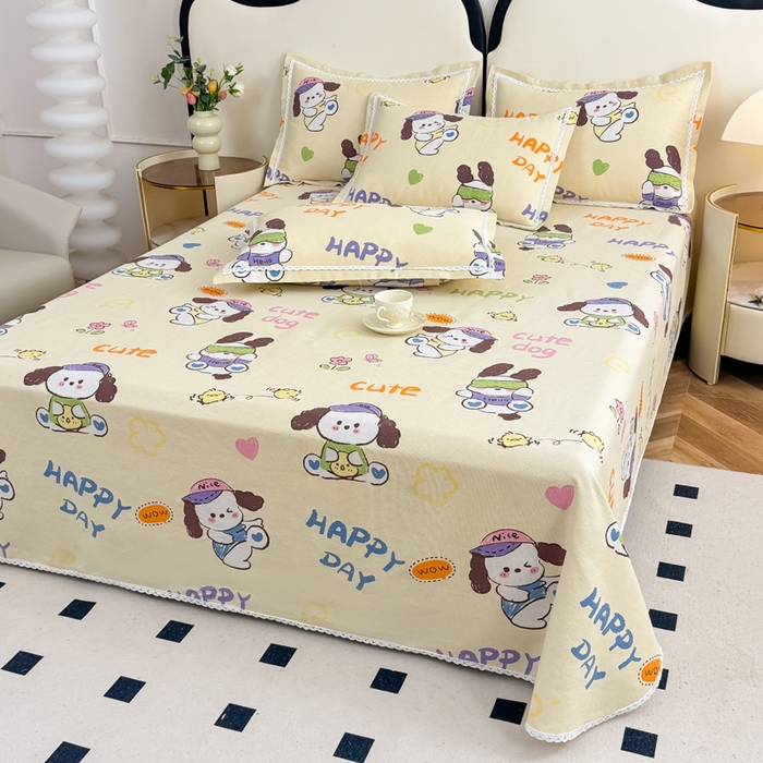 91家纺网 家纺一手货源 找家纺 仟网汇 2025全棉老粗布蕾丝花边三件套（无纺布手提包装） 快乐小狗