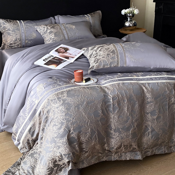 91家纺网 家纺一手货源 找家纺 优悦生活馆 2025新款冰丝浮雕绣花四件套 迷雾花园-深灰