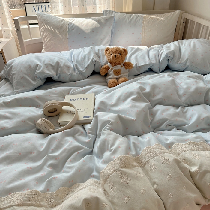 91家纺网 家纺一手货源 找家纺 顾里家纺 2025新款简约小资系列云感双层纱四件套 蓝粉樱桃