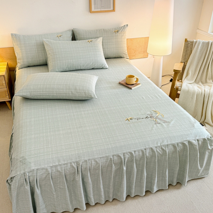 91家纺网 家纺一手货源 找家纺 布柔 2025新款100%全棉纯棉老粗布绣花印花凉席单品床裙 米多绿