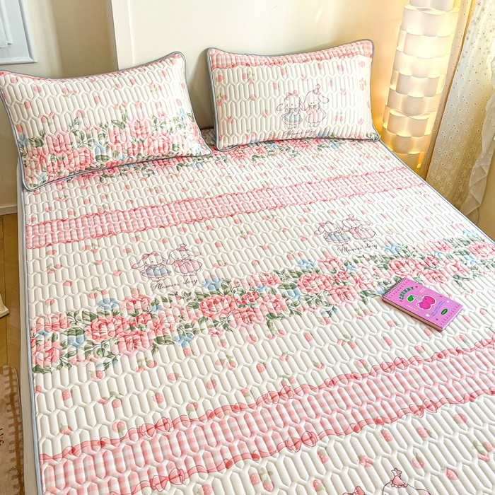 91家纺网 家纺一手货源 找家纺 柒月家居 2025新款小清新乳胶凉席 粉系花园