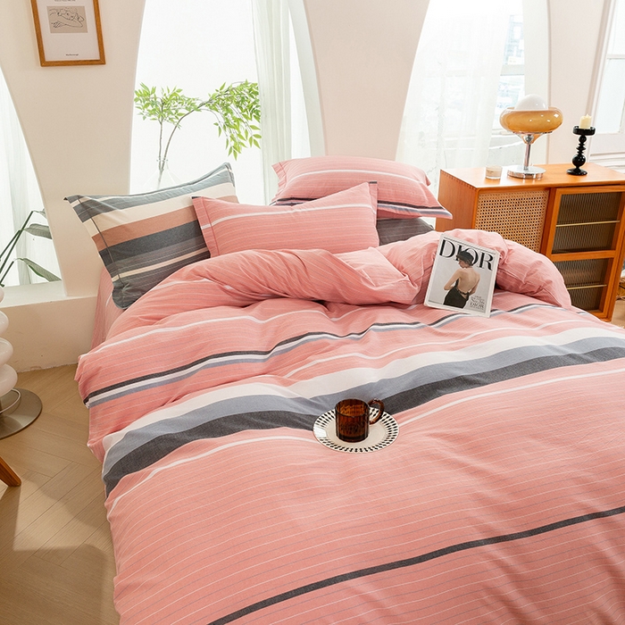 91家纺网 家纺一手货源 找家纺 喜四方 2025新款全棉色织水洗棉四件套 慢生活（粉）