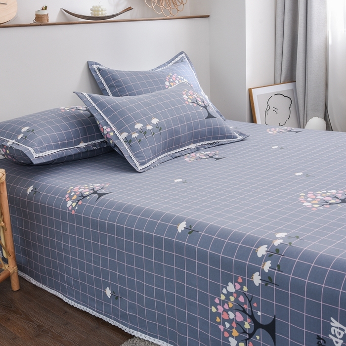 91家纺网 家纺一手货源 找家纺 仟网汇 2025全棉老粗布蕾丝花边三件套（无纺布手提包装） 发财树蓝灰