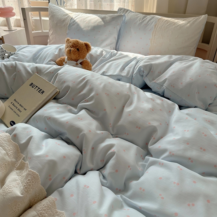 91家纺网 家纺一手货源 找家纺 顾里家纺 2025新款简约小资系列云感双层纱四件套 蓝粉樱桃