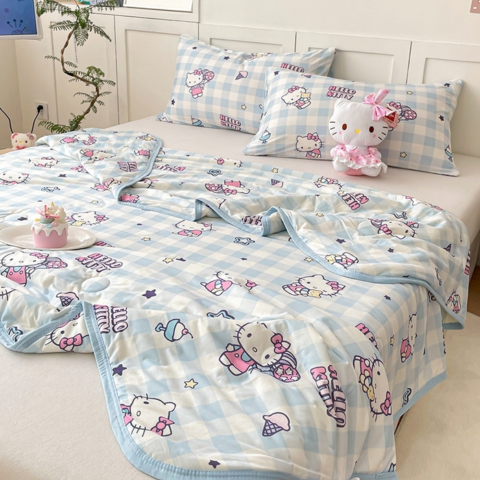 91家纺网 家纺一手货源 找家纺 金爱家2025新款A类三丽鸥正版授权高品质牛奶丝软糯针织棉大豆夏被系列详情 针织棉三丽鸥-蓝格kitty